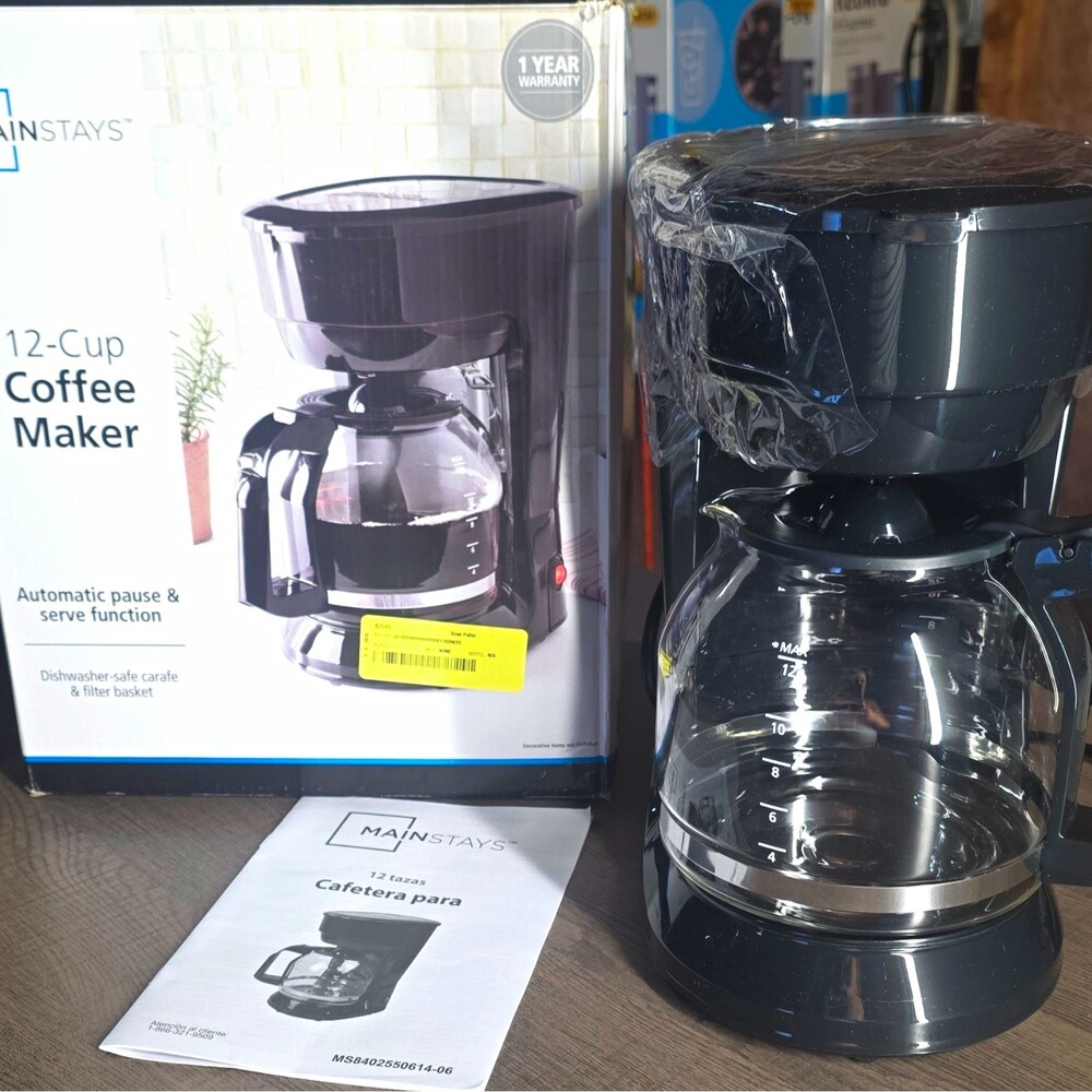 Mainstays 12-Cup Drip Coffee Maker Black Matte Pause-and-Serve Glass Carafe